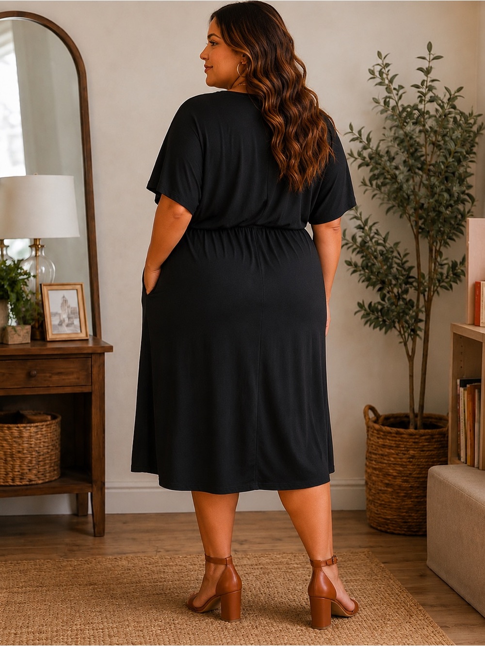 Penningtons Plus Size 5X Black Twist Front Midi Dress With Pockets - Picture 3 of 5
